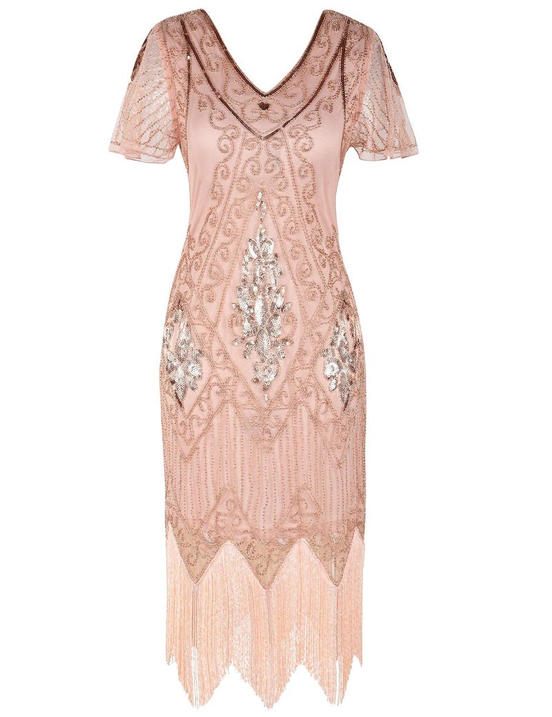 PrettyGuide Women's 1920s Dress Art Deco Flapper Dress with Sleeve S Rose Gold - Image 4